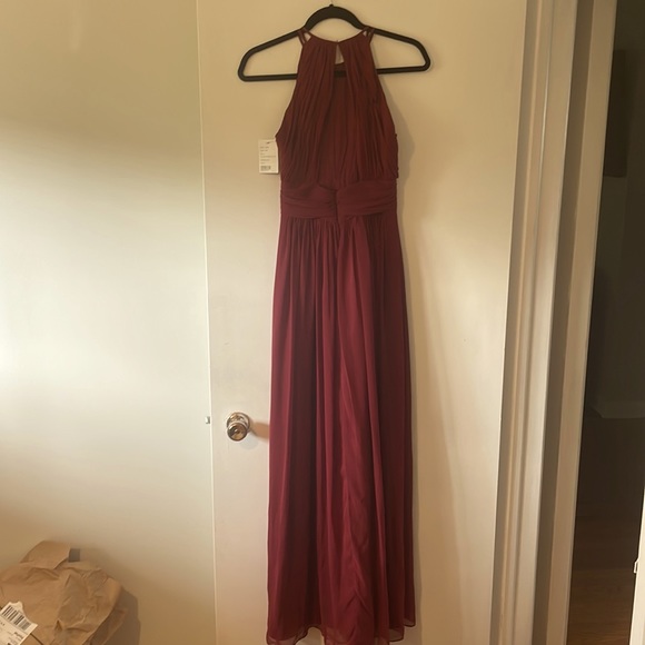 NWT Dessy Group Burgundy High Neck Floor Length Chiffon Gown (Style # 2918) - Picture 6 of 7